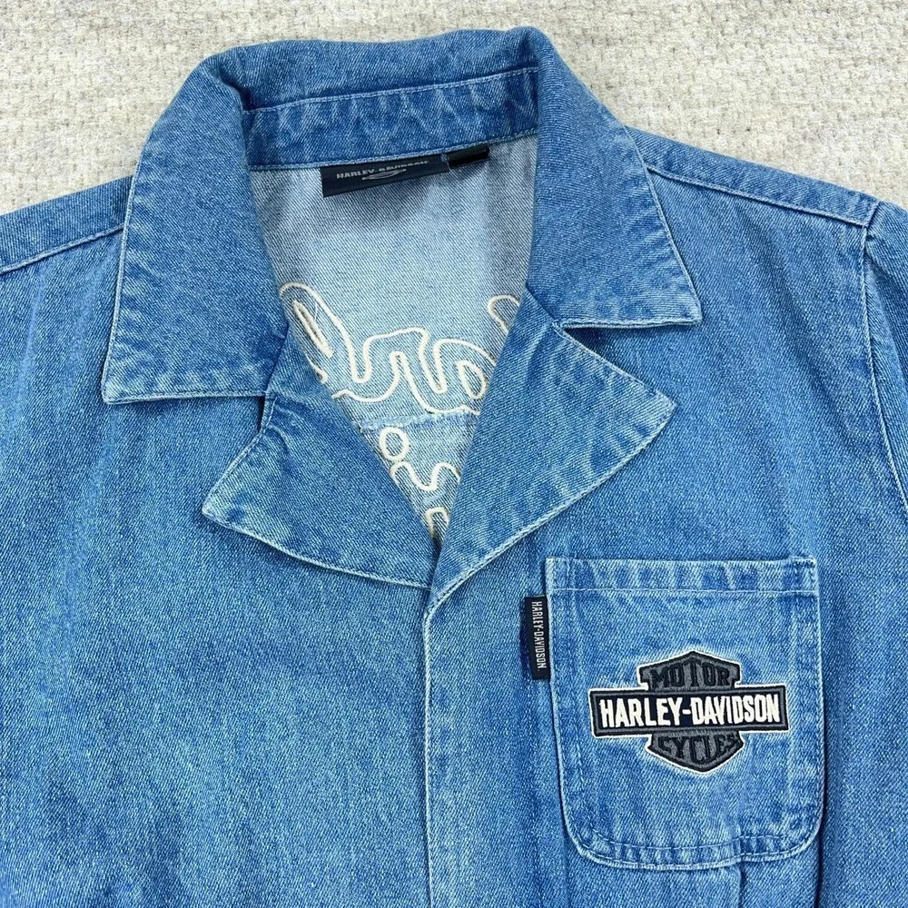Harley Davidson Denim Bib Coverall Jumpsuit Women Large Blue Embroidered Y2K - Picture 6 of 16